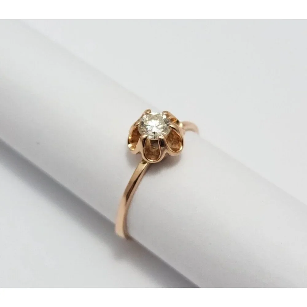 Unique 14K Karat Solid Rose Gold Designer USSR Solitaire Diamond Ring Size 4.75